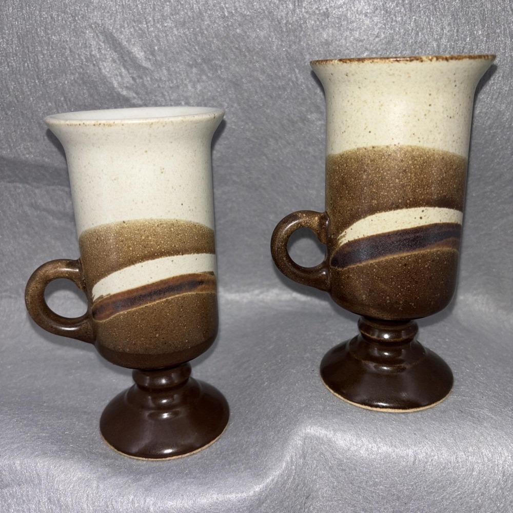 Vintage 70s Otagiri Stoneware Irish Coffee Mugs Footed Brown Swirl Set of 2 EUC